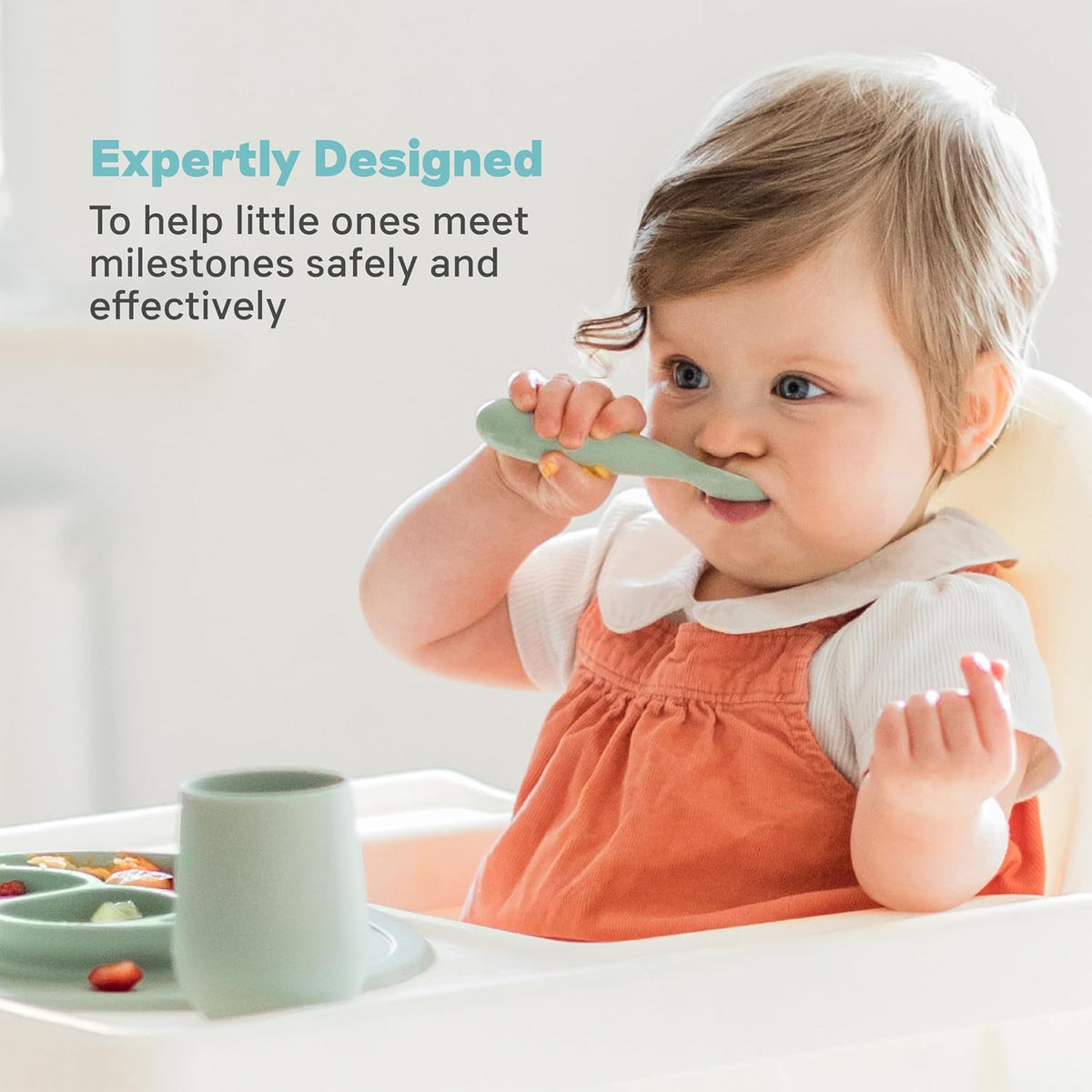 Mini Mat (Blue) + Mini Utensils (Fork & Spoon in Sage) - Toddler essentials mat and spoon