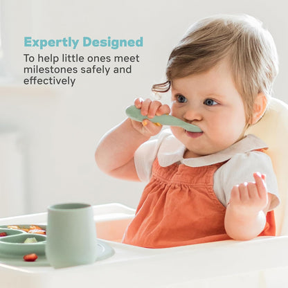 Mini Mat (Blue) + Mini Utensils (Fork & Spoon in Sage) - Toddler essentials mat and spoon