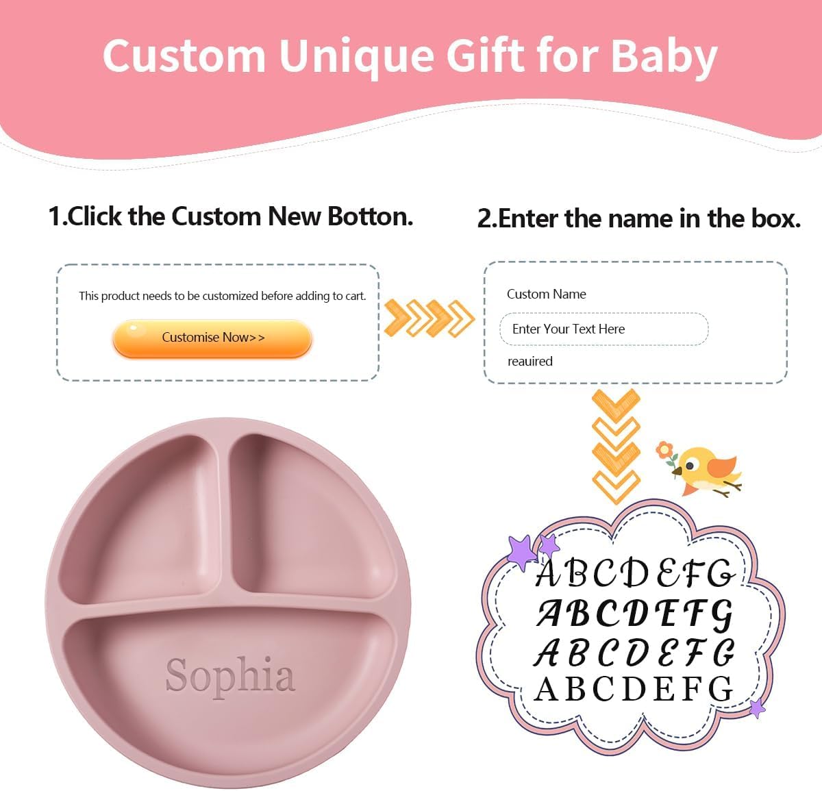 Personalized Silicone Suction Plates for Baby，Custom Toddlers Spoon and Fork, Baby Feeding Set with Name,Baby Birthday Gift for Boy & Girl