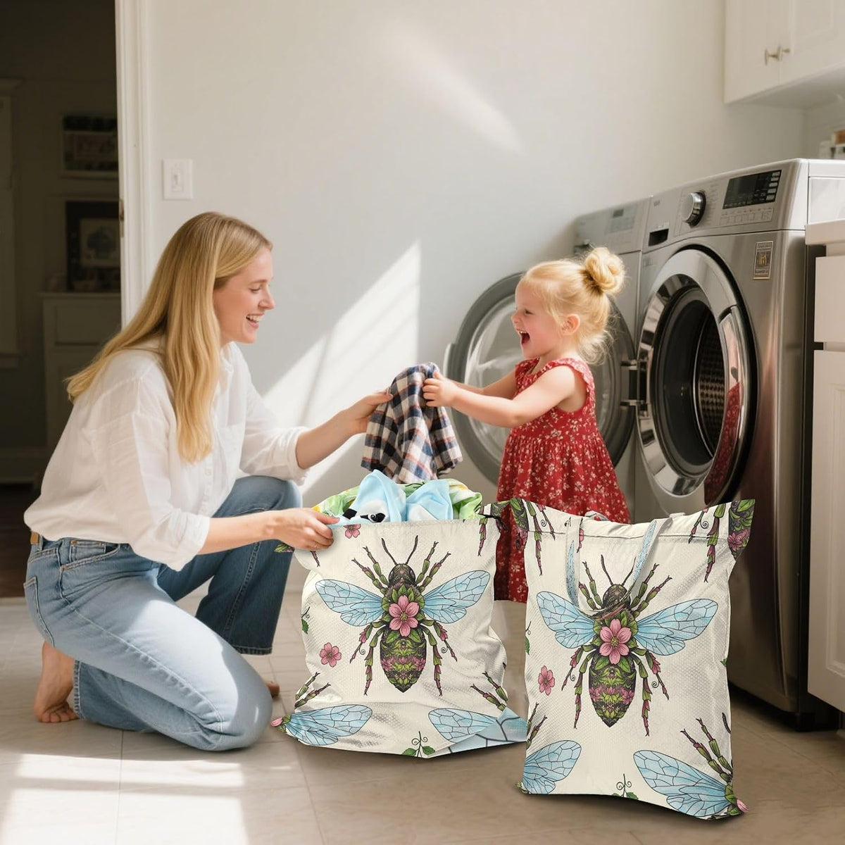 Bee Flower Waterproof Travel Laundry Bag Washable 2-piece