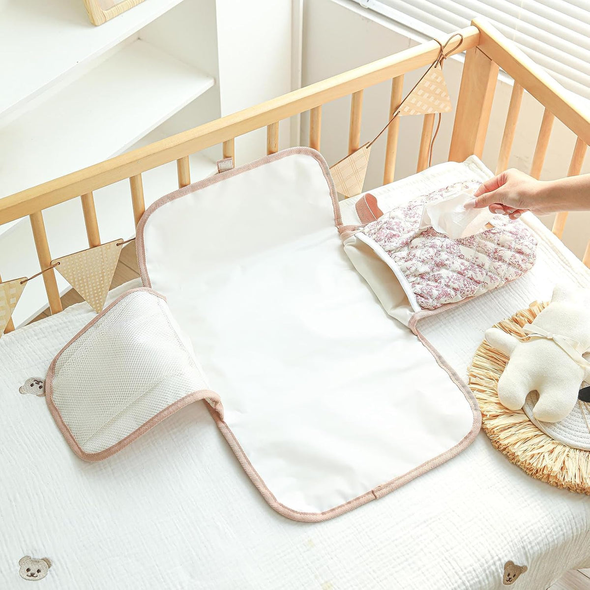 Portable Diaper Changing Pad, Waterproof Quilted Nappy Changing Mat with Wipes Pocket & Foldable Storage for Stroller (Pink)