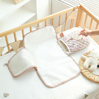 Portable Diaper Changing Pad, Waterproof Quilted Nappy Changing Mat with Wipes Pocket & Foldable Storage for Stroller (Pink)