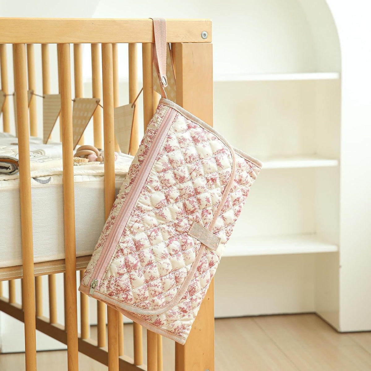 Portable Diaper Changing Pad, Waterproof Quilted Nappy Changing Mat with Wipes Pocket & Foldable Storage for Stroller (Pink)