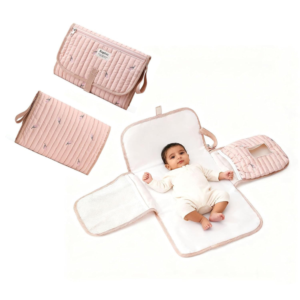 Portable Diaper Changing Pad, Waterproof Quilted Nappy Changing Mat with Wipes Pocket & Foldable Storage for Stroller (Pink)