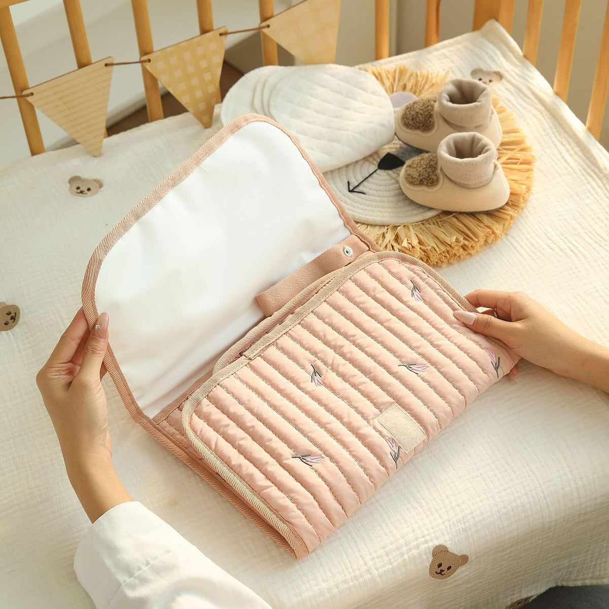 Portable Diaper Changing Pad, Waterproof Quilted Nappy Changing Mat with Wipes Pocket & Foldable Storage for Stroller (Pink)