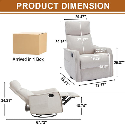 Manual 360° Swivel Rocker Recliner Chair for Adults, Overstuffed Glider Chair for Nursery with Vibration Massage and Heat, Comfy Soft Fabric Glider with Side Pockets for Living Room, Beige