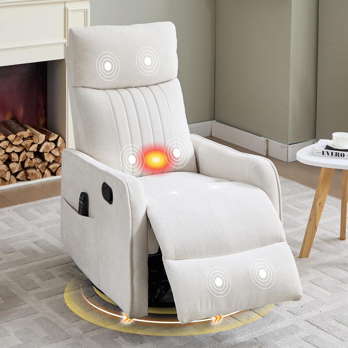 Manual 360° Swivel Rocker Recliner Chair for Adults, Overstuffed Glider Chair for Nursery with Vibration Massage and Heat, Comfy Soft Fabric Glider with Side Pockets for Living Room, Beige
