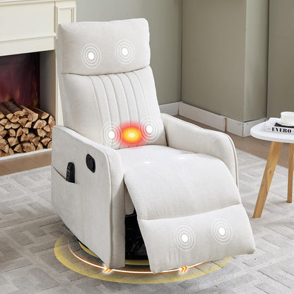 Manual 360° Swivel Rocker Recliner Chair for Adults, Overstuffed Glider Chair for Nursery with Vibration Massage and Heat, Comfy Soft Fabric Glider with Side Pockets for Living Room, Beige