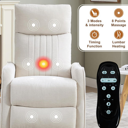 Manual 360° Swivel Rocker Recliner Chair for Adults, Overstuffed Glider Chair for Nursery with Vibration Massage and Heat, Comfy Soft Fabric Glider with Side Pockets for Living Room, Beige