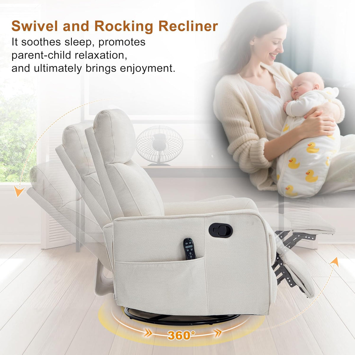 Manual 360° Swivel Rocker Recliner Chair for Adults, Overstuffed Glider Chair for Nursery with Vibration Massage and Heat, Comfy Soft Fabric Glider with Side Pockets for Living Room, Beige