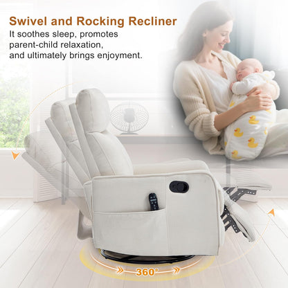 Manual 360° Swivel Rocker Recliner Chair for Adults, Overstuffed Glider Chair for Nursery with Vibration Massage and Heat, Comfy Soft Fabric Glider with Side Pockets for Living Room, Beige