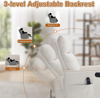 Manual 360° Swivel Rocker Recliner Chair for Adults, Overstuffed Glider Chair for Nursery with Vibration Massage and Heat, Comfy Soft Fabric Glider with Side Pockets for Living Room, Beige