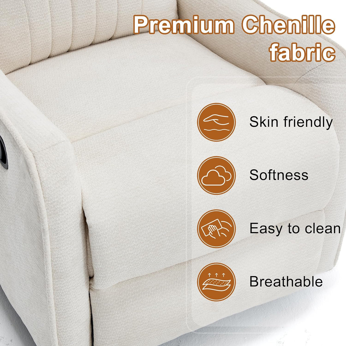 Manual 360° Swivel Rocker Recliner Chair for Adults, Overstuffed Glider Chair for Nursery with Vibration Massage and Heat, Comfy Soft Fabric Glider with Side Pockets for Living Room, Beige