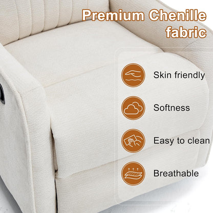 Manual 360° Swivel Rocker Recliner Chair for Adults, Overstuffed Glider Chair for Nursery with Vibration Massage and Heat, Comfy Soft Fabric Glider with Side Pockets for Living Room, Beige