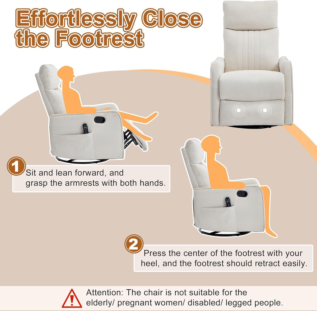 Manual 360° Swivel Rocker Recliner Chair for Adults, Overstuffed Glider Chair for Nursery with Vibration Massage and Heat, Comfy Soft Fabric Glider with Side Pockets for Living Room, Beige