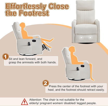 Manual 360° Swivel Rocker Recliner Chair for Adults, Overstuffed Glider Chair for Nursery with Vibration Massage and Heat, Comfy Soft Fabric Glider with Side Pockets for Living Room, Beige