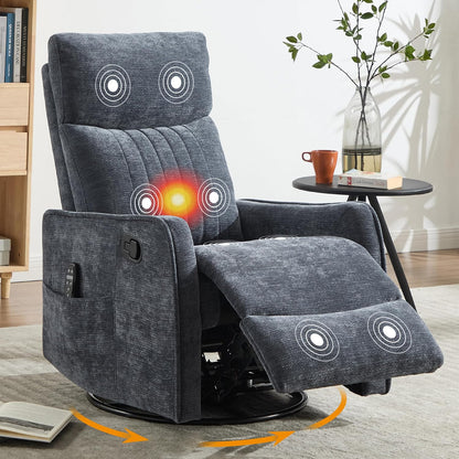 Manual 360° Swivel Rocker Recliner Chair for Adults, Overstuffed Glider Chair for Nursery with Vibration Massage and Heat, Comfy Soft Fabric Glider with Side Pockets for Living Room, Beige