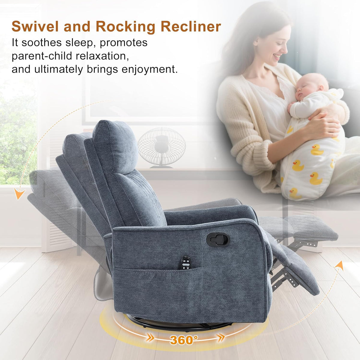 Manual 360° Swivel Rocker Recliner Chair for Adults, Overstuffed Glider Chair for Nursery with Vibration Massage and Heat, Comfy Soft Fabric Glider with Side Pockets for Living Room, Beige