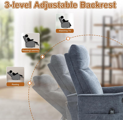 Manual 360° Swivel Rocker Recliner Chair for Adults, Overstuffed Glider Chair for Nursery with Vibration Massage and Heat, Comfy Soft Fabric Glider with Side Pockets for Living Room, Beige