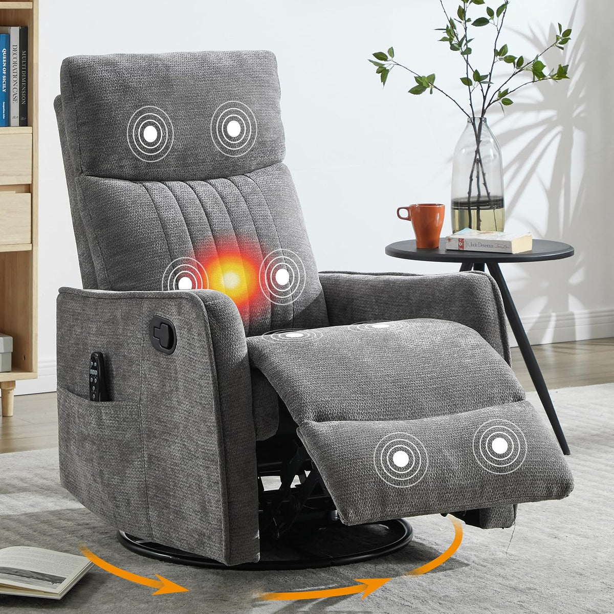Manual 360° Swivel Rocker Recliner Chair for Adults, Overstuffed Glider Chair for Nursery with Vibration Massage and Heat, Comfy Soft Fabric Glider with Side Pockets for Living Room, Beige