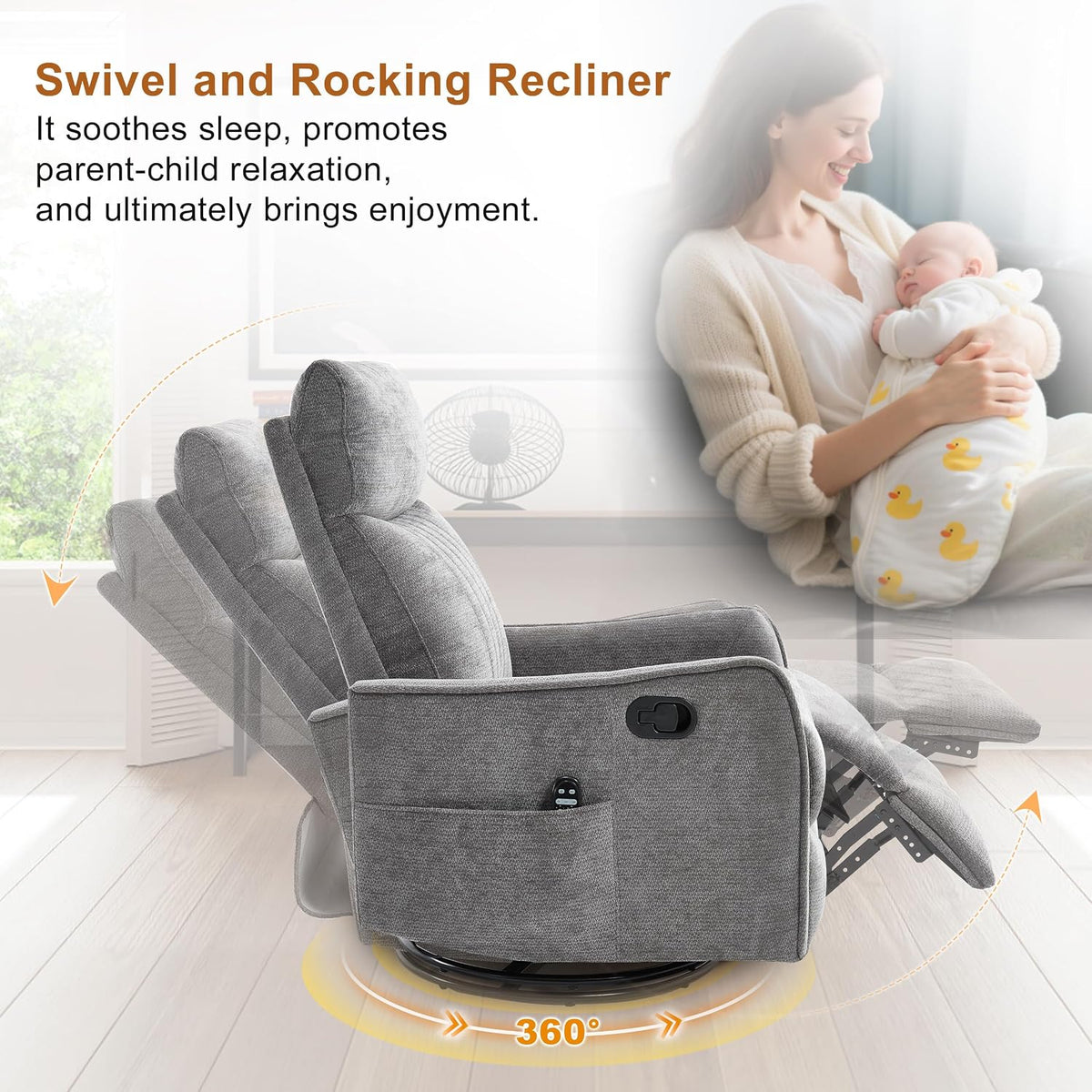 Manual 360° Swivel Rocker Recliner Chair for Adults, Overstuffed Glider Chair for Nursery with Vibration Massage and Heat, Comfy Soft Fabric Glider with Side Pockets for Living Room, Beige