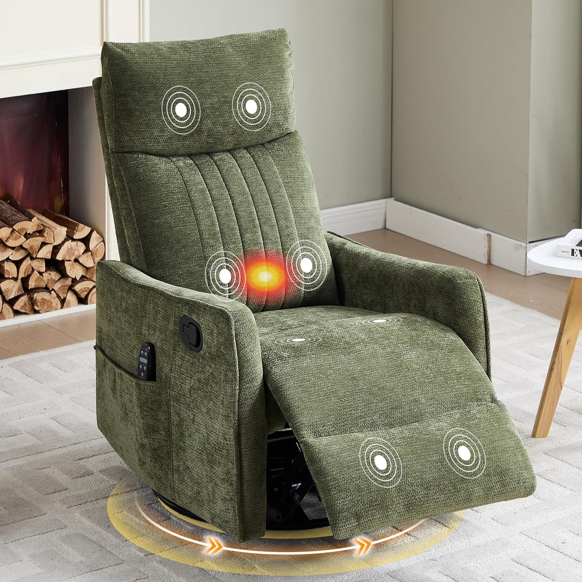 Manual 360° Swivel Rocker Recliner Chair for Adults, Overstuffed Glider Chair for Nursery with Vibration Massage and Heat, Comfy Soft Fabric Glider with Side Pockets for Living Room, Beige