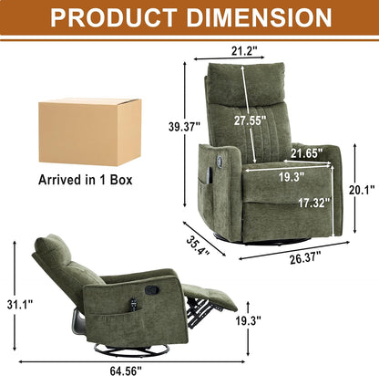 Manual 360° Swivel Rocker Recliner Chair for Adults, Overstuffed Glider Chair for Nursery with Vibration Massage and Heat, Comfy Soft Fabric Glider with Side Pockets for Living Room, Beige