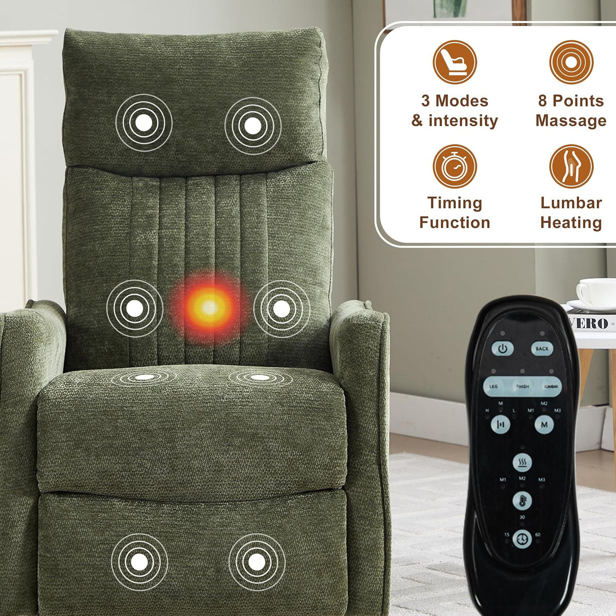 Manual 360° Swivel Rocker Recliner Chair for Adults, Overstuffed Glider Chair for Nursery with Vibration Massage and Heat, Comfy Soft Fabric Glider with Side Pockets for Living Room, Beige