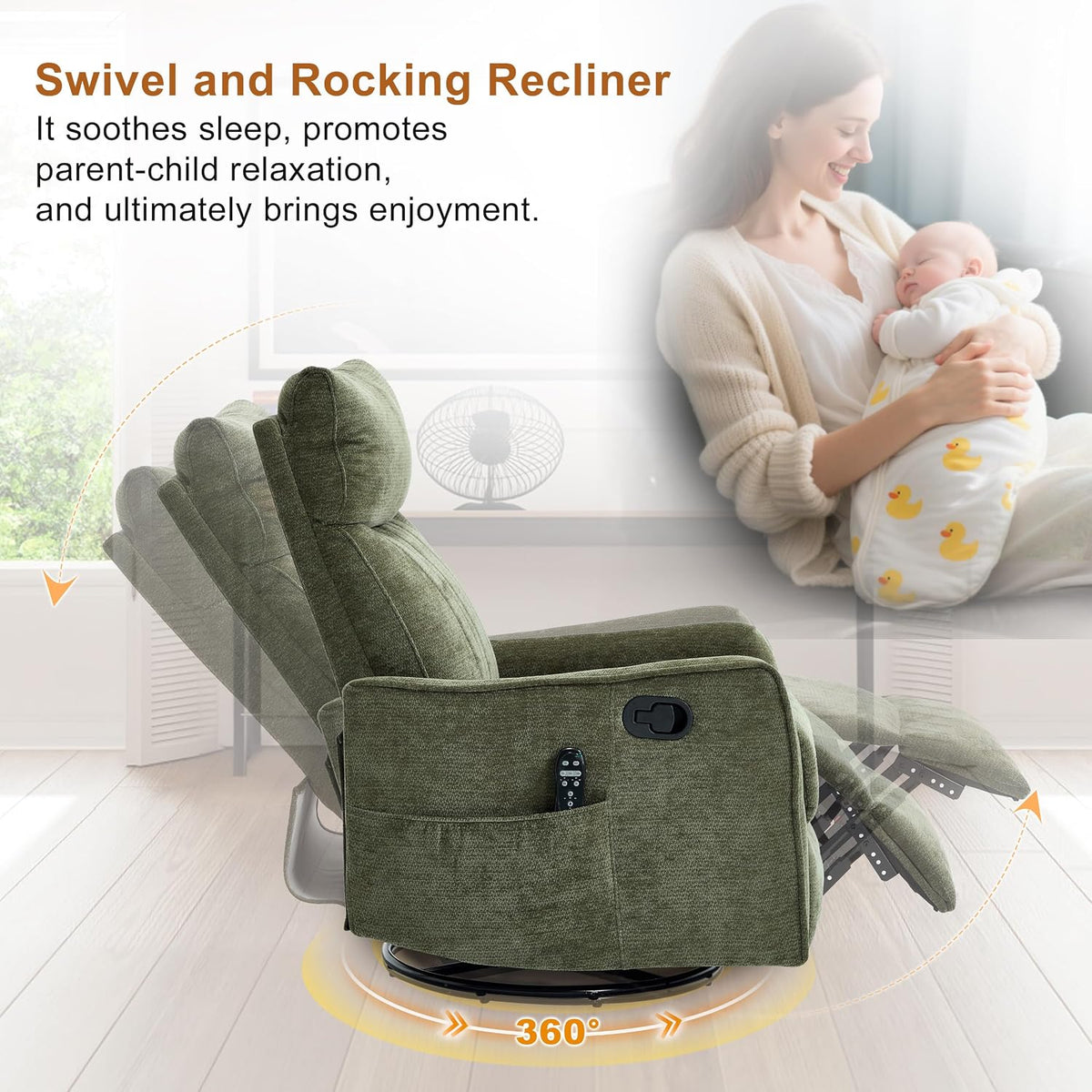 Manual 360° Swivel Rocker Recliner Chair for Adults, Overstuffed Glider Chair for Nursery with Vibration Massage and Heat, Comfy Soft Fabric Glider with Side Pockets for Living Room, Beige