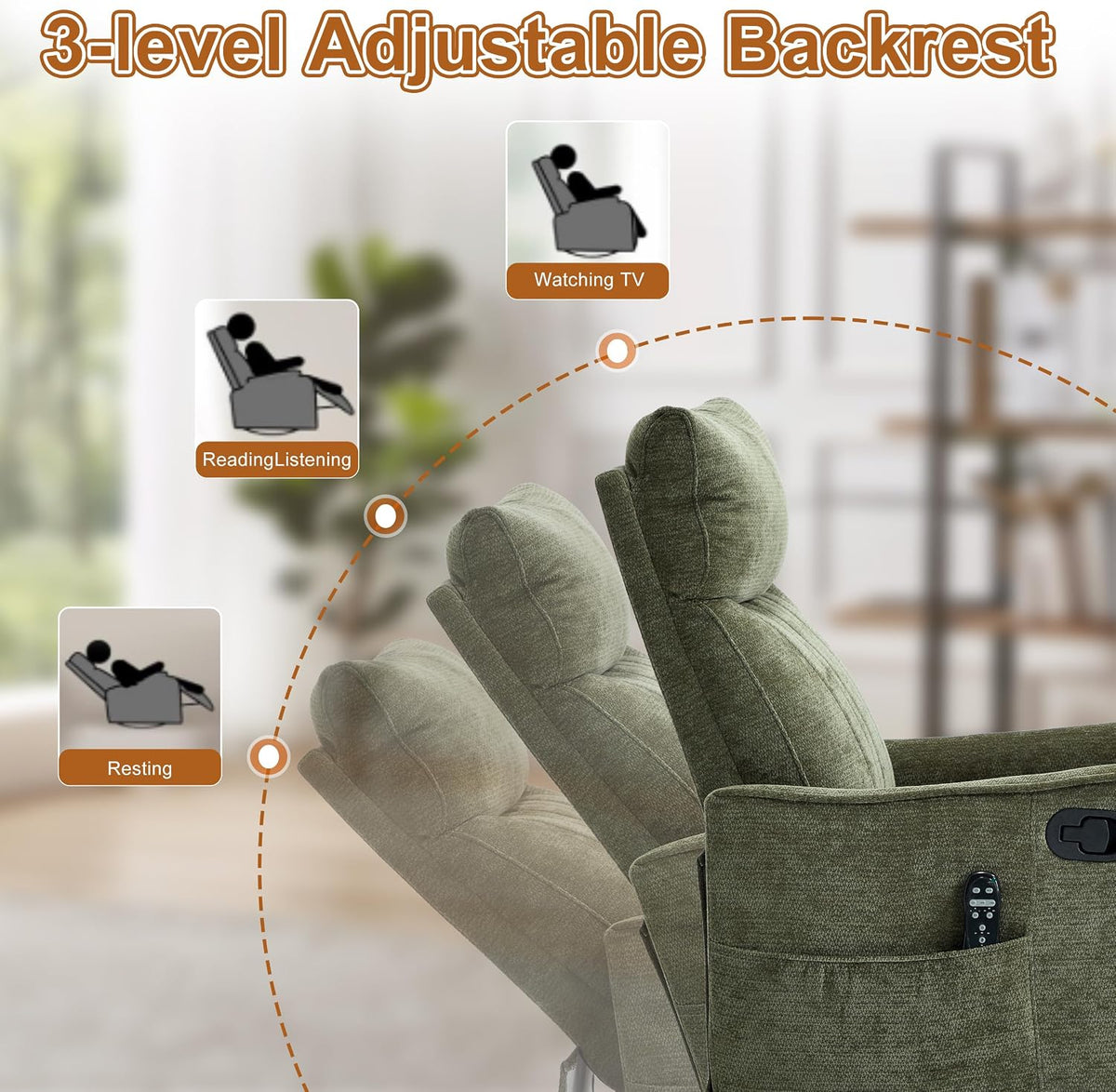 Manual 360° Swivel Rocker Recliner Chair for Adults, Overstuffed Glider Chair for Nursery with Vibration Massage and Heat, Comfy Soft Fabric Glider with Side Pockets for Living Room, Beige