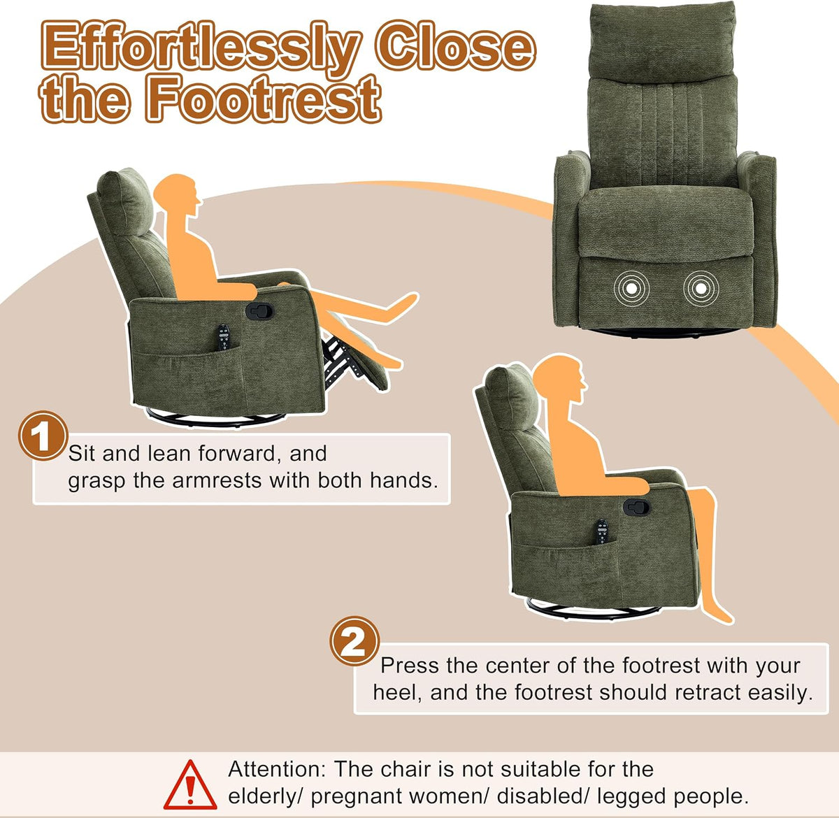 Manual 360° Swivel Rocker Recliner Chair for Adults, Overstuffed Glider Chair for Nursery with Vibration Massage and Heat, Comfy Soft Fabric Glider with Side Pockets for Living Room, Beige