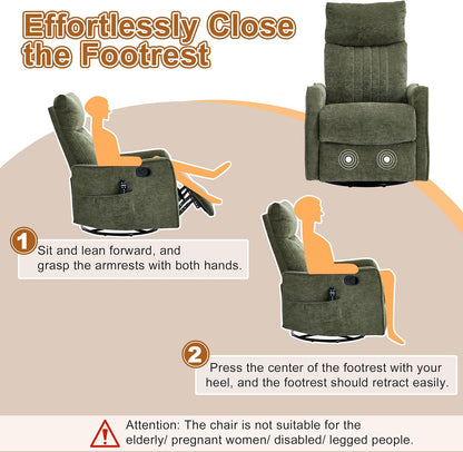 Manual 360° Swivel Rocker Recliner Chair for Adults, Overstuffed Glider Chair for Nursery with Vibration Massage and Heat, Comfy Soft Fabric Glider with Side Pockets for Living Room, Beige
