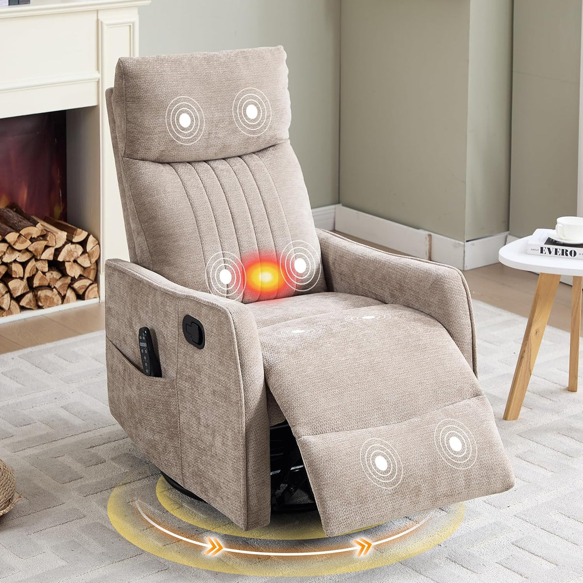 Manual 360° Swivel Rocker Recliner Chair for Adults, Overstuffed Glider Chair for Nursery with Vibration Massage and Heat, Comfy Soft Fabric Glider with Side Pockets for Living Room, Beige