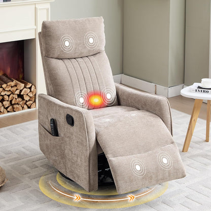 Manual 360° Swivel Rocker Recliner Chair for Adults, Overstuffed Glider Chair for Nursery with Vibration Massage and Heat, Comfy Soft Fabric Glider with Side Pockets for Living Room, Beige