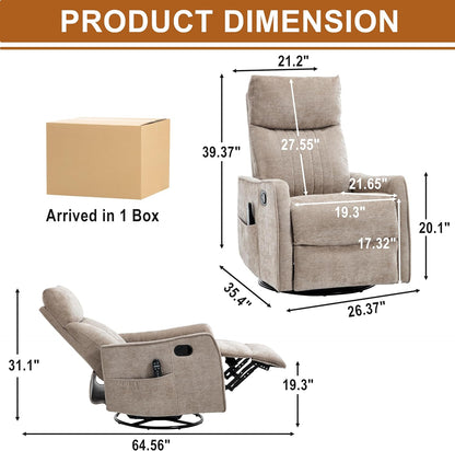Manual 360° Swivel Rocker Recliner Chair for Adults, Overstuffed Glider Chair for Nursery with Vibration Massage and Heat, Comfy Soft Fabric Glider with Side Pockets for Living Room, Beige