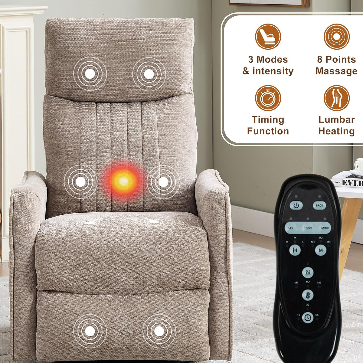 Manual 360° Swivel Rocker Recliner Chair for Adults, Overstuffed Glider Chair for Nursery with Vibration Massage and Heat, Comfy Soft Fabric Glider with Side Pockets for Living Room, Beige
