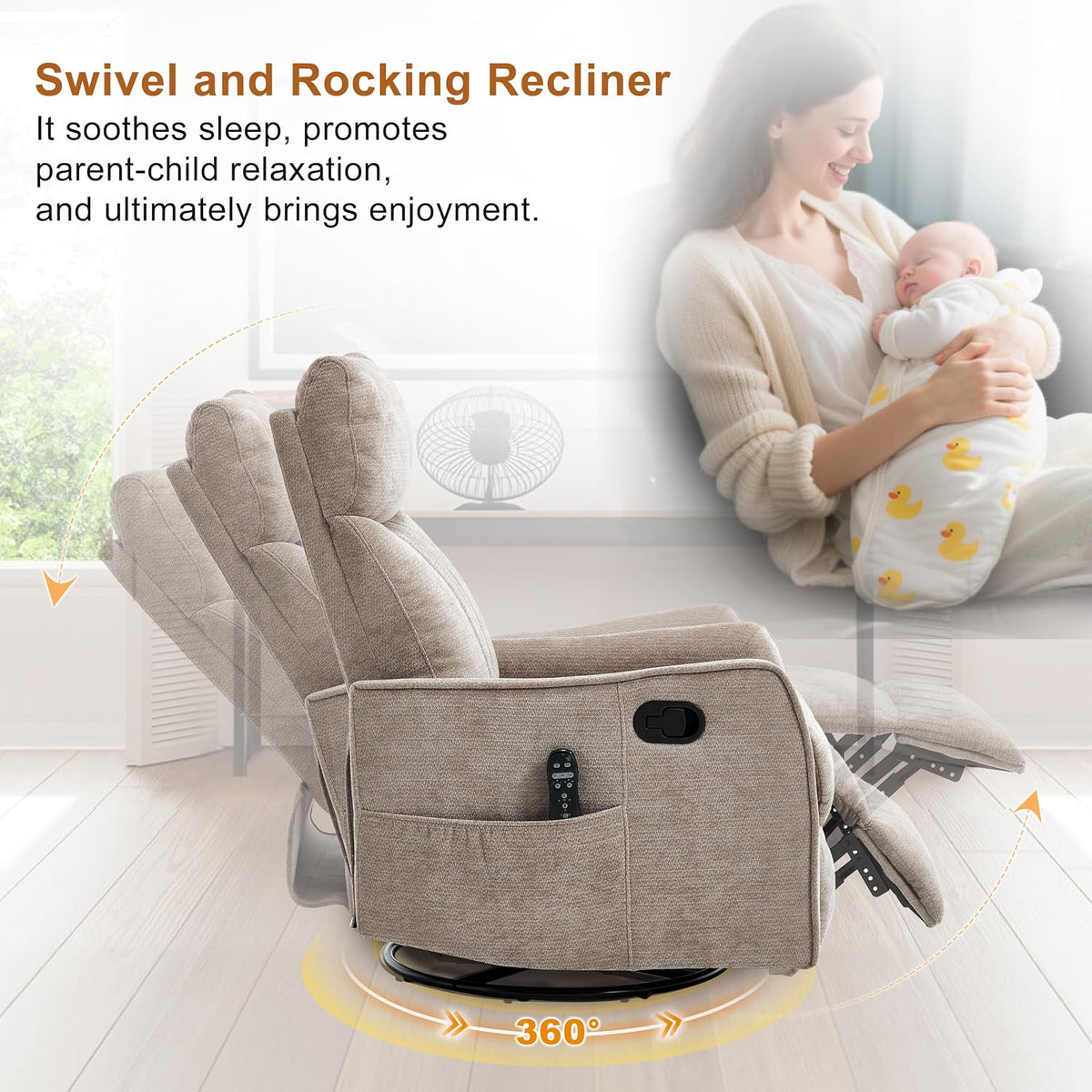 Manual 360° Swivel Rocker Recliner Chair for Adults, Overstuffed Glider Chair for Nursery with Vibration Massage and Heat, Comfy Soft Fabric Glider with Side Pockets for Living Room, Beige