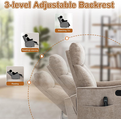 Manual 360° Swivel Rocker Recliner Chair for Adults, Overstuffed Glider Chair for Nursery with Vibration Massage and Heat, Comfy Soft Fabric Glider with Side Pockets for Living Room, Beige