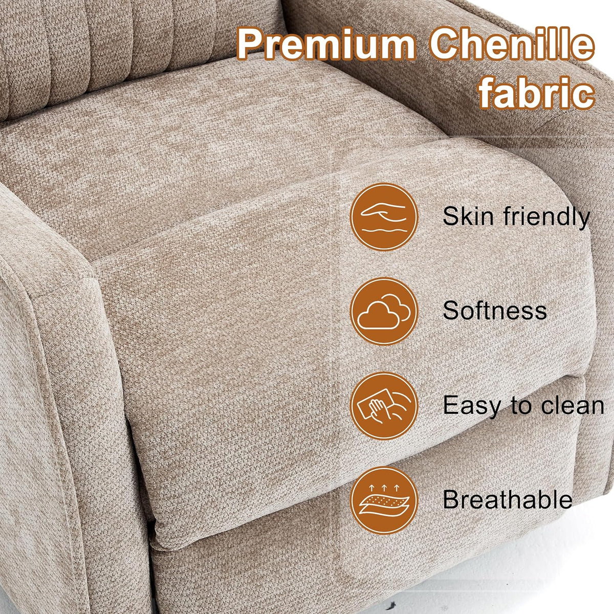 Manual 360° Swivel Rocker Recliner Chair for Adults, Overstuffed Glider Chair for Nursery with Vibration Massage and Heat, Comfy Soft Fabric Glider with Side Pockets for Living Room, Beige