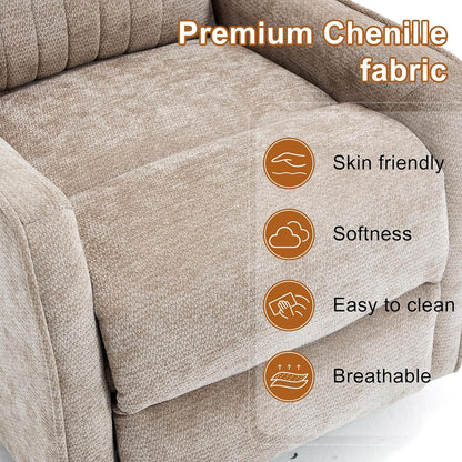 Manual 360° Swivel Rocker Recliner Chair for Adults, Overstuffed Glider Chair for Nursery with Vibration Massage and Heat, Comfy Soft Fabric Glider with Side Pockets for Living Room, Beige
