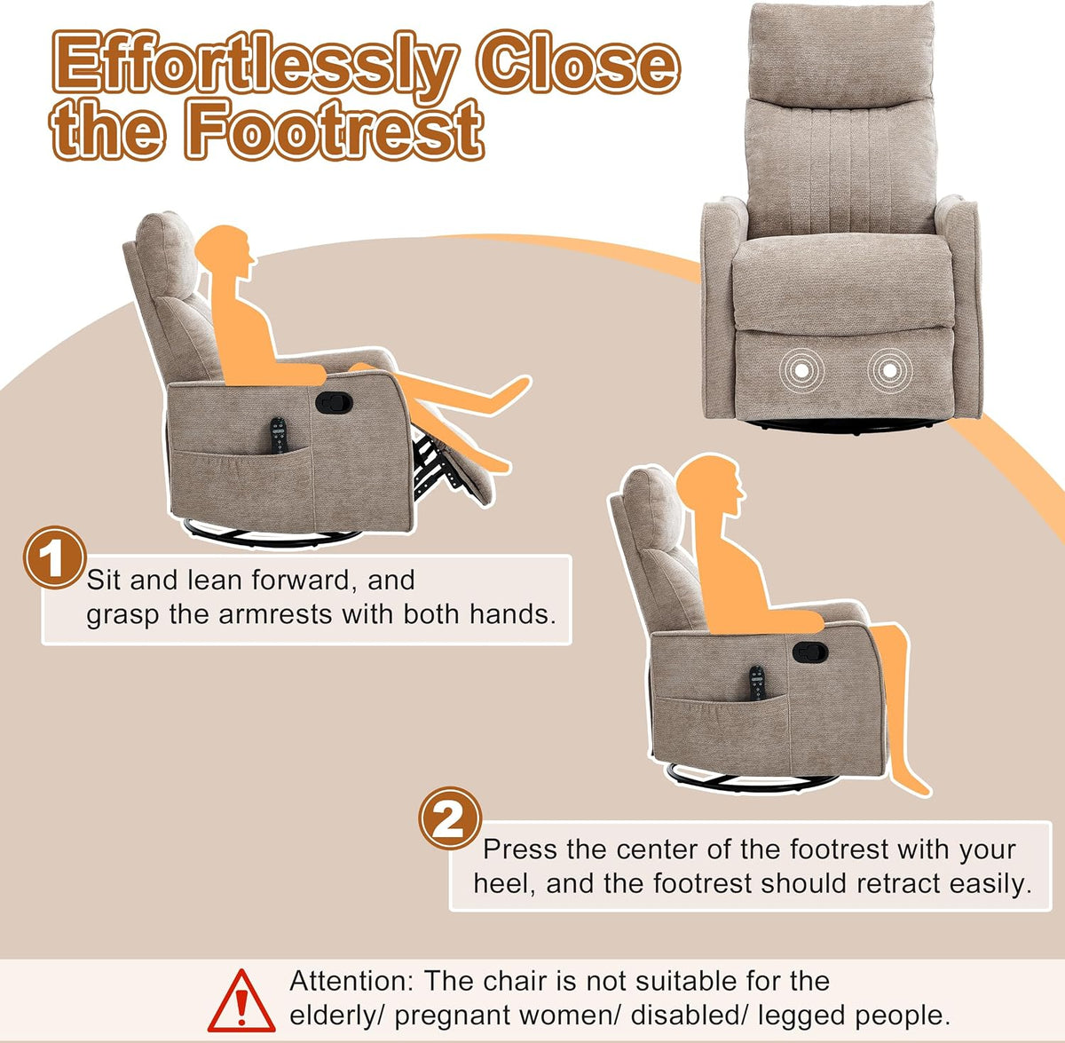 Manual 360° Swivel Rocker Recliner Chair for Adults, Overstuffed Glider Chair for Nursery with Vibration Massage and Heat, Comfy Soft Fabric Glider with Side Pockets for Living Room, Beige