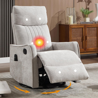 Manual 360° Swivel Rocker Recliner Chair for Adults, Overstuffed Glider Chair for Nursery with Vibration Massage and Heat, Comfy Soft Fabric Glider with Side Pockets for Living Room, Beige