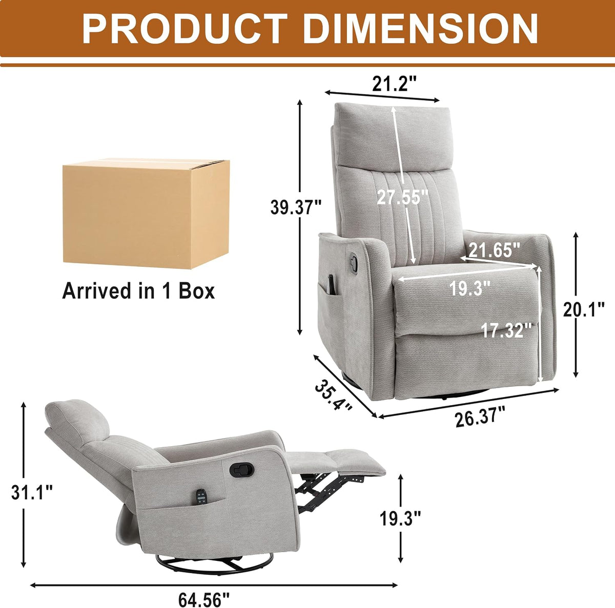 Manual 360° Swivel Rocker Recliner Chair for Adults, Overstuffed Glider Chair for Nursery with Vibration Massage and Heat, Comfy Soft Fabric Glider with Side Pockets for Living Room, Beige