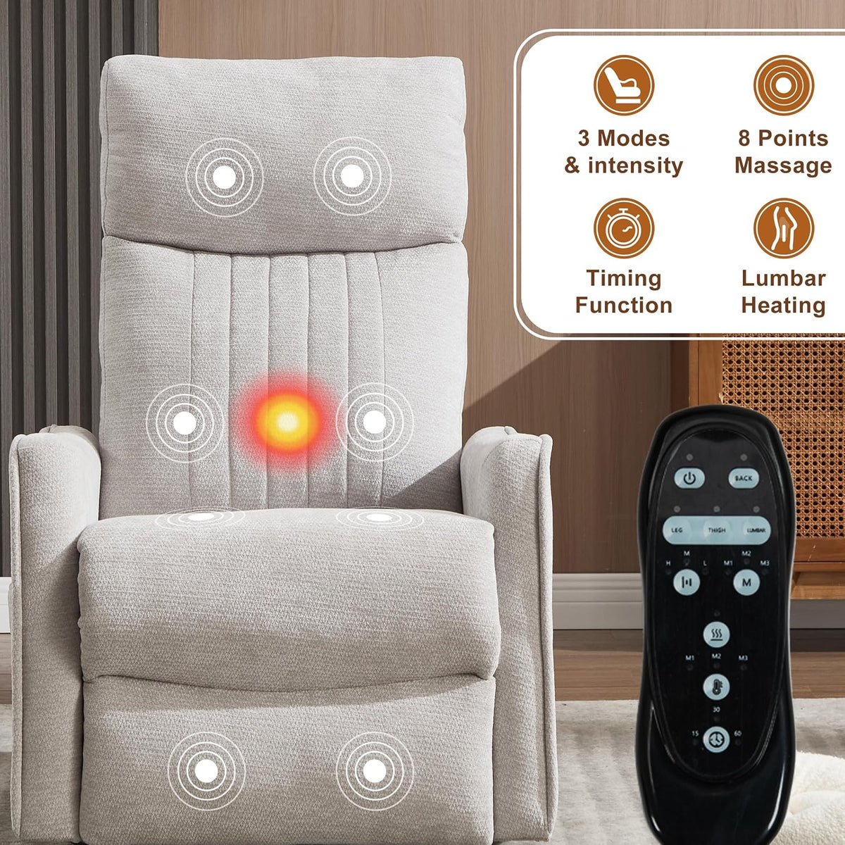 Manual 360° Swivel Rocker Recliner Chair for Adults, Overstuffed Glider Chair for Nursery with Vibration Massage and Heat, Comfy Soft Fabric Glider with Side Pockets for Living Room, Beige