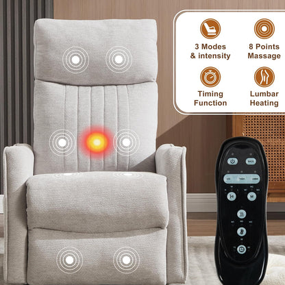 Manual 360° Swivel Rocker Recliner Chair for Adults, Overstuffed Glider Chair for Nursery with Vibration Massage and Heat, Comfy Soft Fabric Glider with Side Pockets for Living Room, Beige