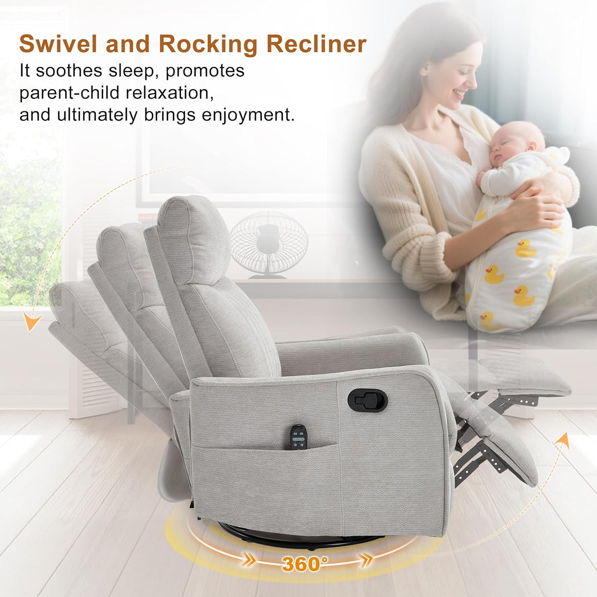 Manual 360° Swivel Rocker Recliner Chair for Adults, Overstuffed Glider Chair for Nursery with Vibration Massage and Heat, Comfy Soft Fabric Glider with Side Pockets for Living Room, Beige