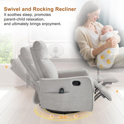 Manual 360° Swivel Rocker Recliner Chair for Adults, Overstuffed Glider Chair for Nursery with Vibration Massage and Heat, Comfy Soft Fabric Glider with Side Pockets for Living Room, Beige