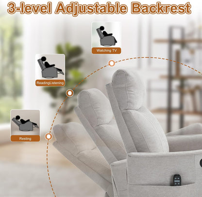 Manual 360° Swivel Rocker Recliner Chair for Adults, Overstuffed Glider Chair for Nursery with Vibration Massage and Heat, Comfy Soft Fabric Glider with Side Pockets for Living Room, Beige