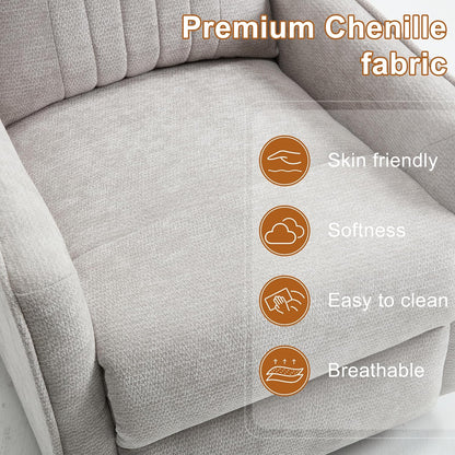 Manual 360° Swivel Rocker Recliner Chair for Adults, Overstuffed Glider Chair for Nursery with Vibration Massage and Heat, Comfy Soft Fabric Glider with Side Pockets for Living Room, Beige