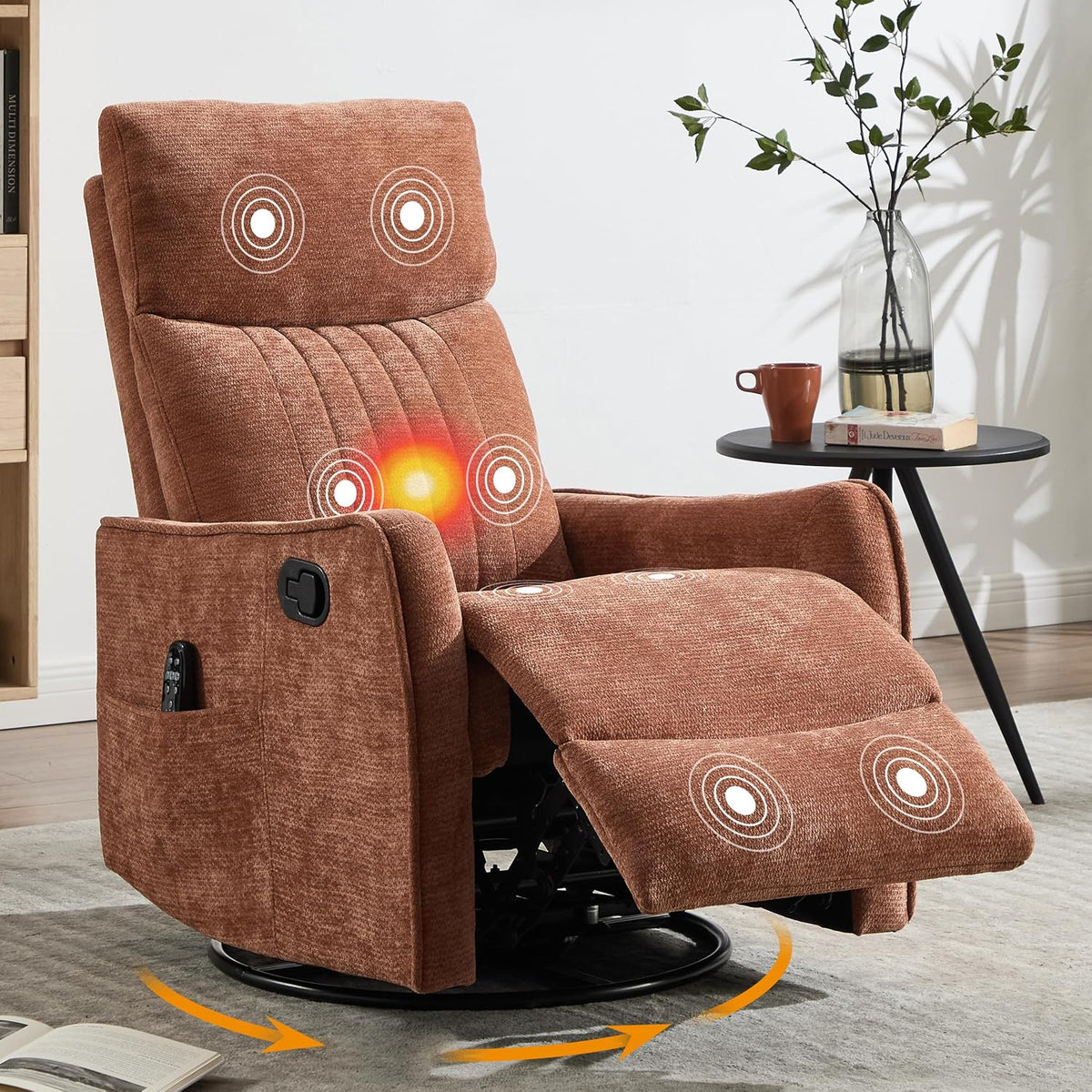 Manual 360° Swivel Rocker Recliner Chair for Adults, Overstuffed Glider Chair for Nursery with Vibration Massage and Heat, Comfy Soft Fabric Glider with Side Pockets for Living Room, Beige
